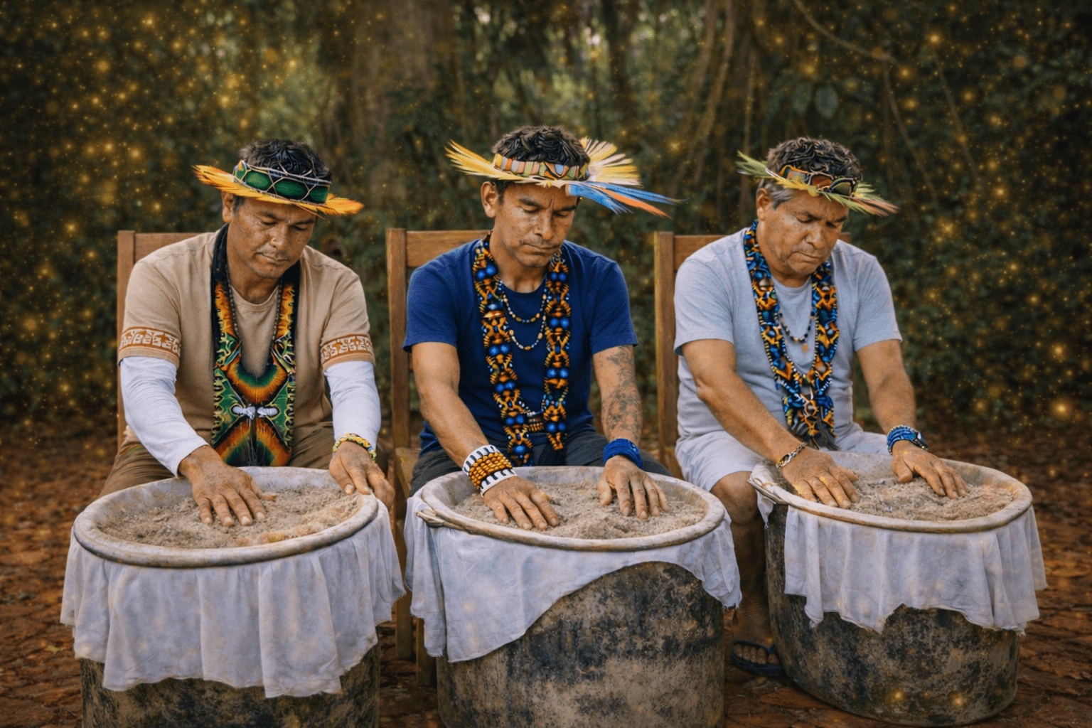 Three Indigenous practitioners preparing Hapé in traditional stone bowls while wearing ceremonial adornments in the rainforest.