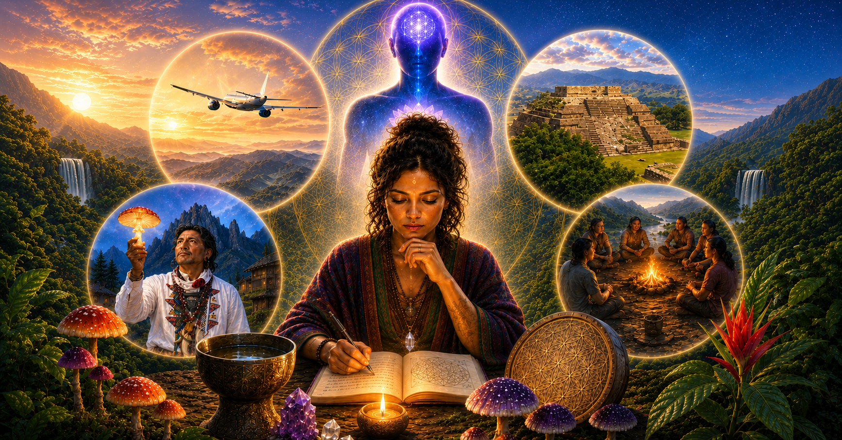 Woman journaling for psychedelic retreat preparation with symbols of travel, sacred sites, group circles, and ceremony.