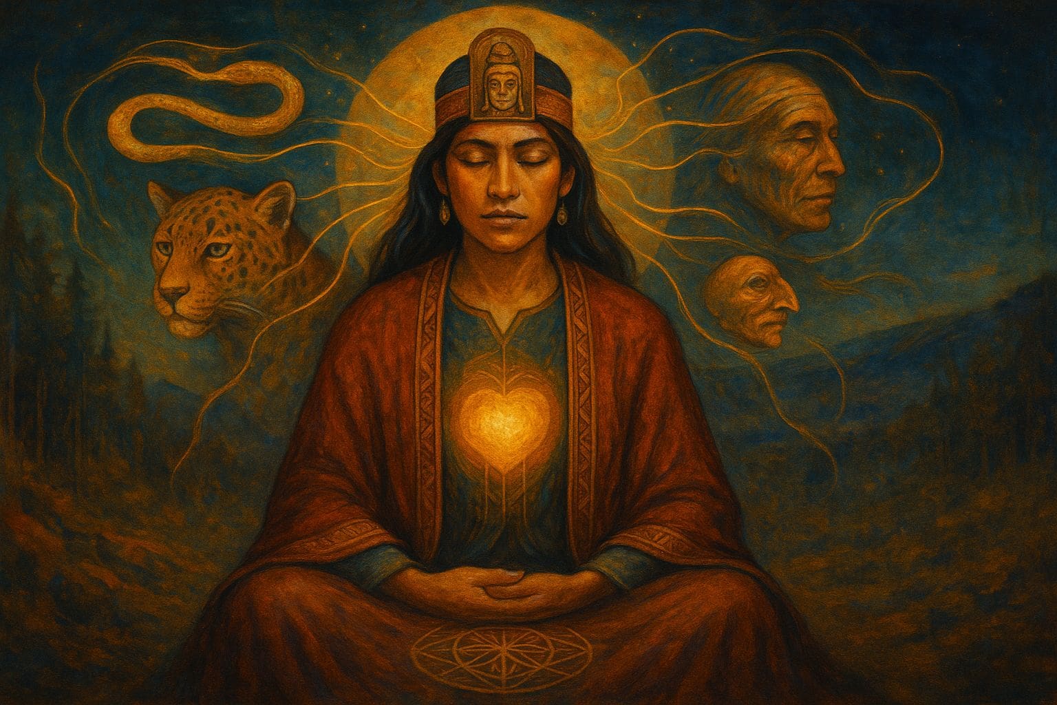 An indigenous spiritual healer meditates peacefully with a glowing heart, surrounded by power animal and ancestral spirit guides.