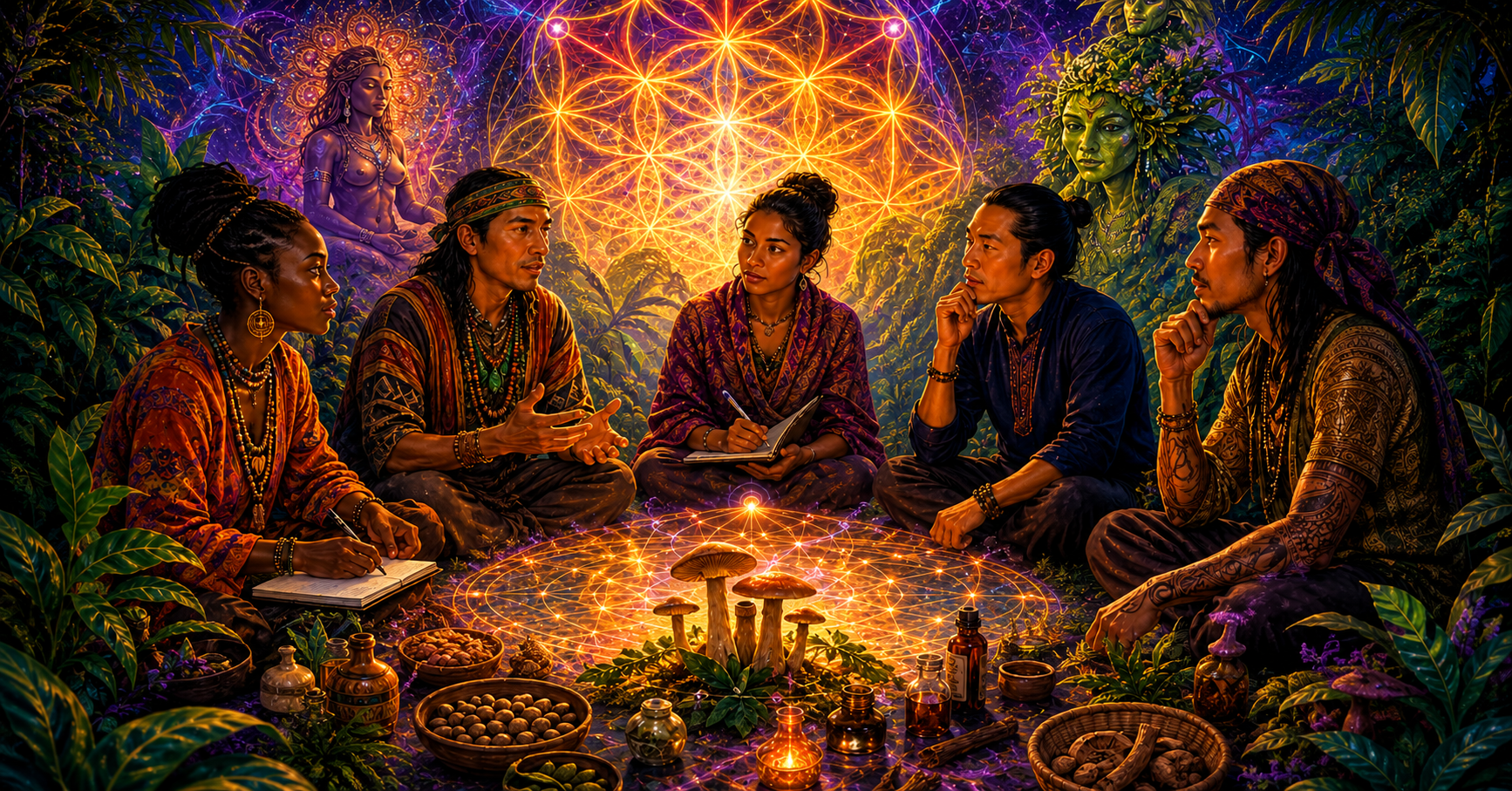 Psychedelic integration group discussion led by a facilitator in a nature-inspired ceremonial setting with symbolic imagery representing healing, reflection, and personal growth.