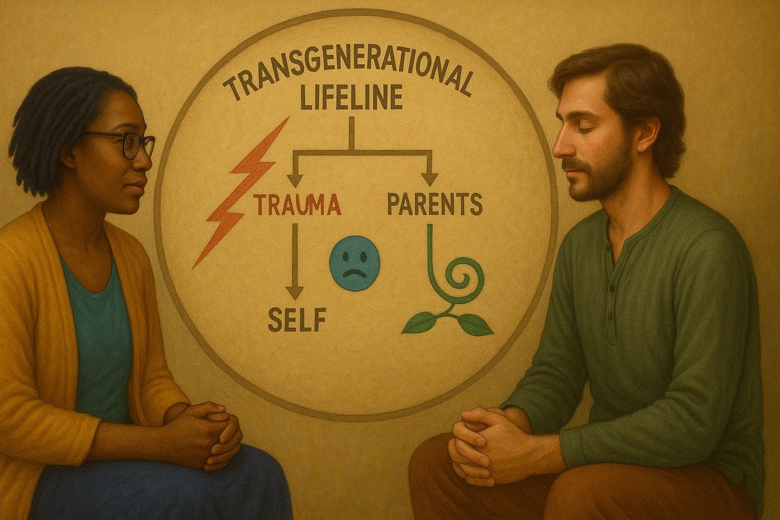 A practitioner and client engage in trauma-informed therapy using the transgenerational lifeline method for psychedelic integration.