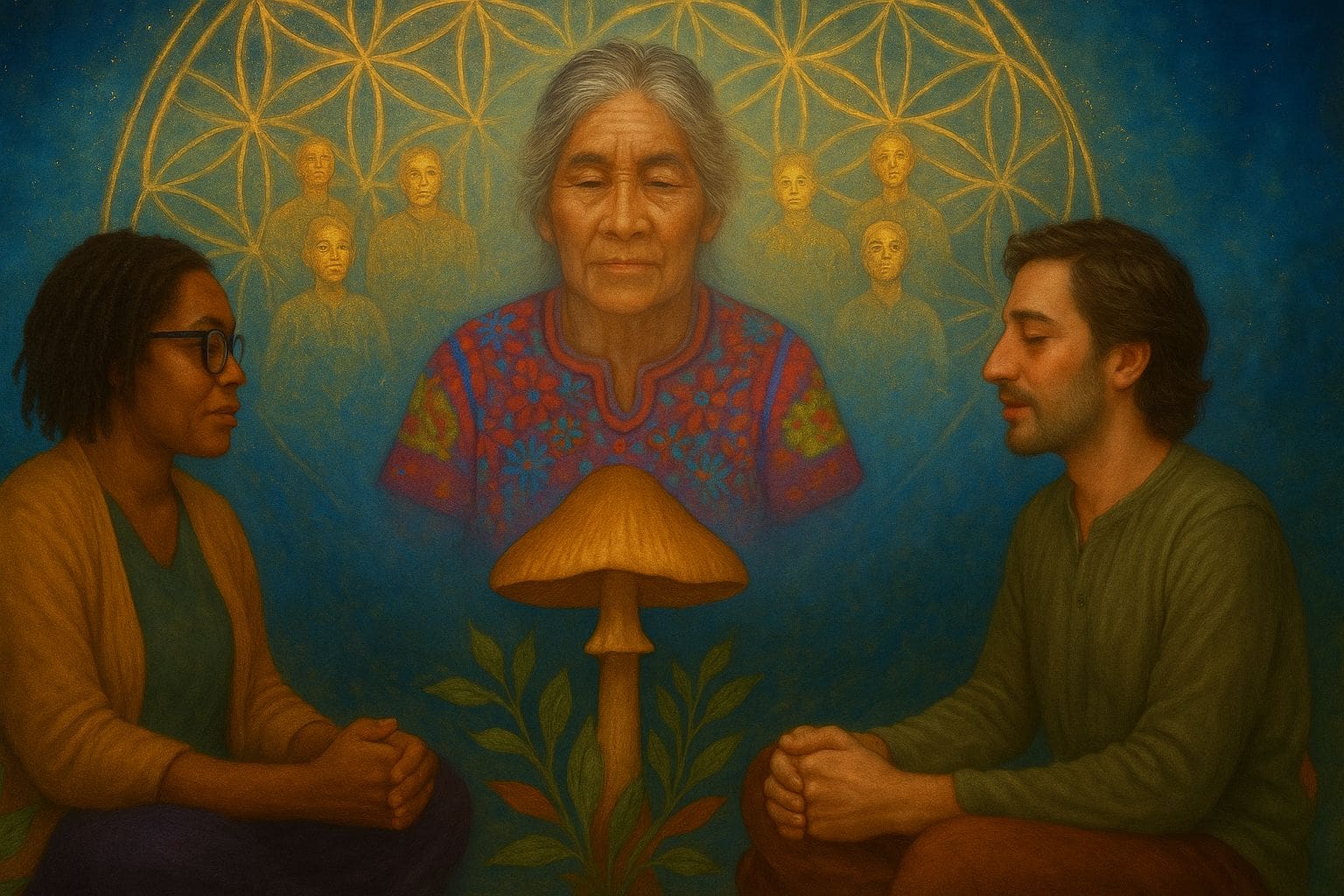 Trauma-informed psychedelic practitioner sits with a client as Maria Sabina, ancestral figures, and a sacred mushroom symbolize healing ancestral trauma and intergenerational patterns.