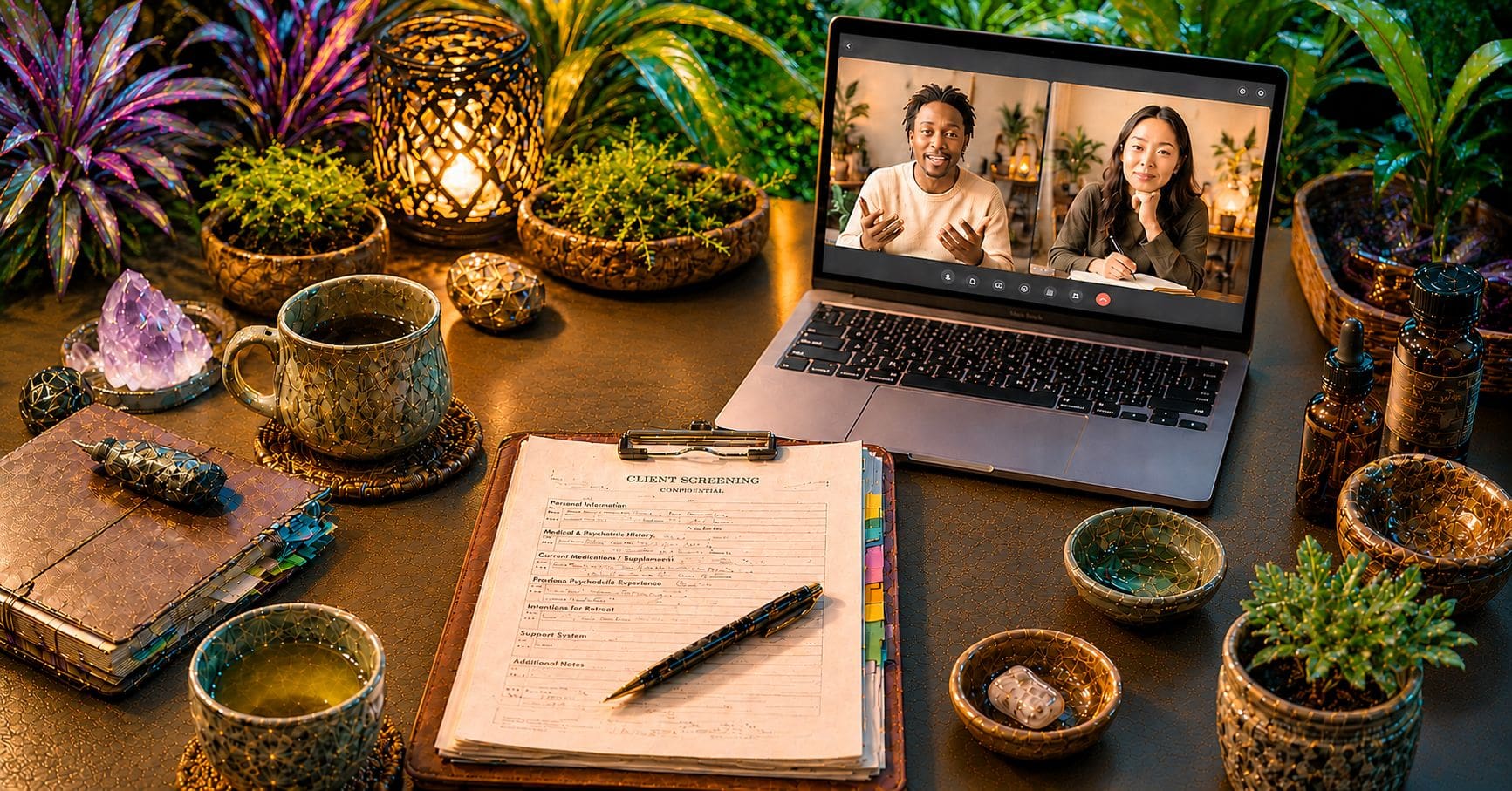 A psychedelic retreat facilitator conducts a virtual screening session while reviewing a detailed intake form on a clipboard.