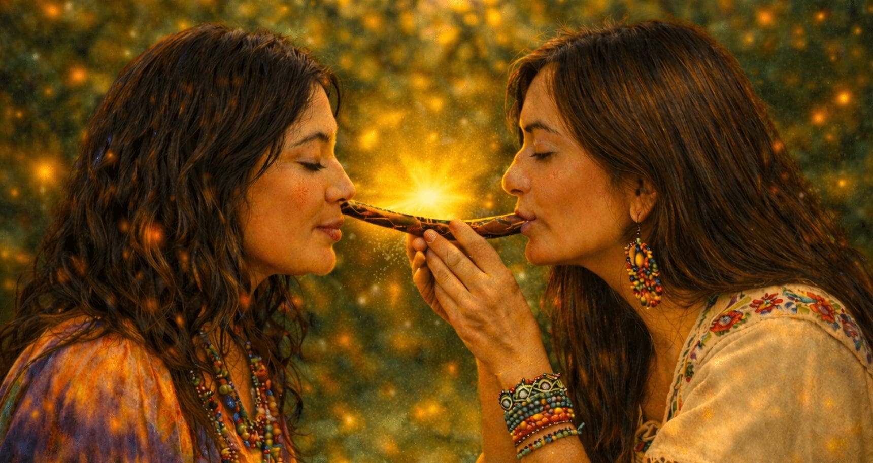 Two women engaged in a traditional Hapé ceremony, using a Tepi pipe to administer sacred Amazonian rapé.