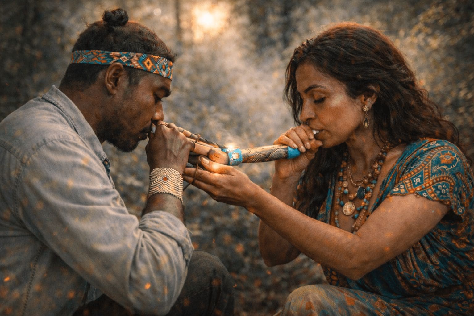 Two people participating in a Hapé ceremony outdoors, with a facilitator using a tepi pipe to serve the medicine.