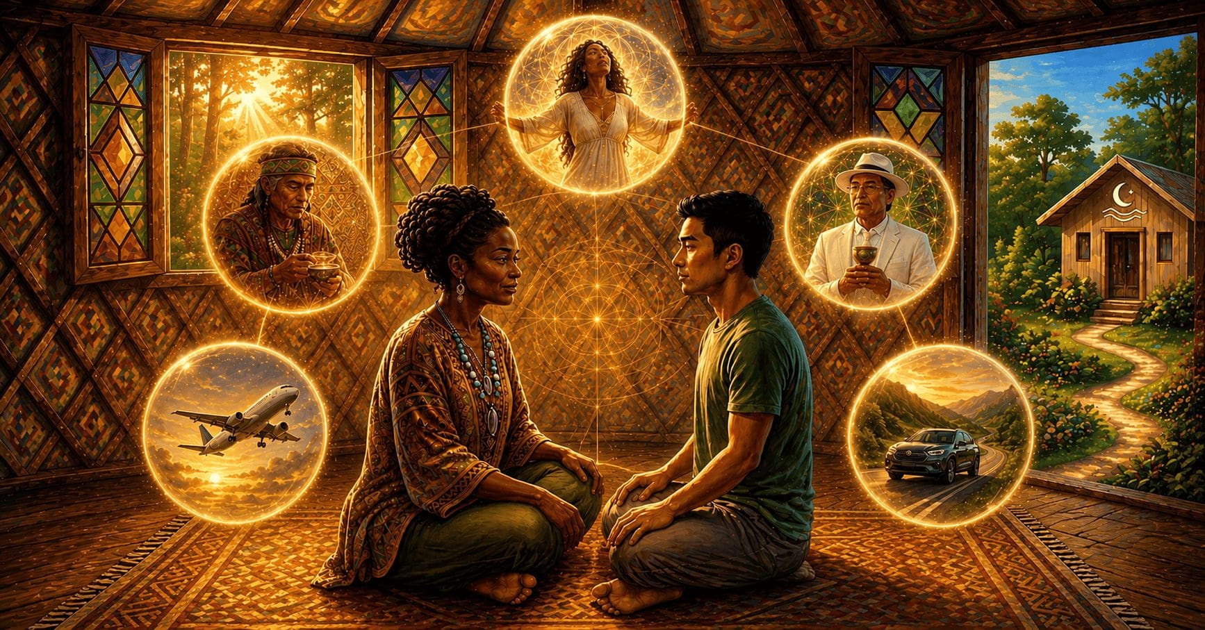 A plant medicine retreat guide and participant sit in a ceremonial space surrounded by symbolic imagery of travel planning and spiritual transformation.