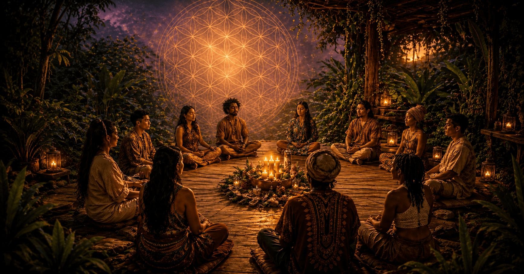 A diverse group of participants sits in mindful reflection around a candle-lit centerpiece during a psychedelic integration circle.