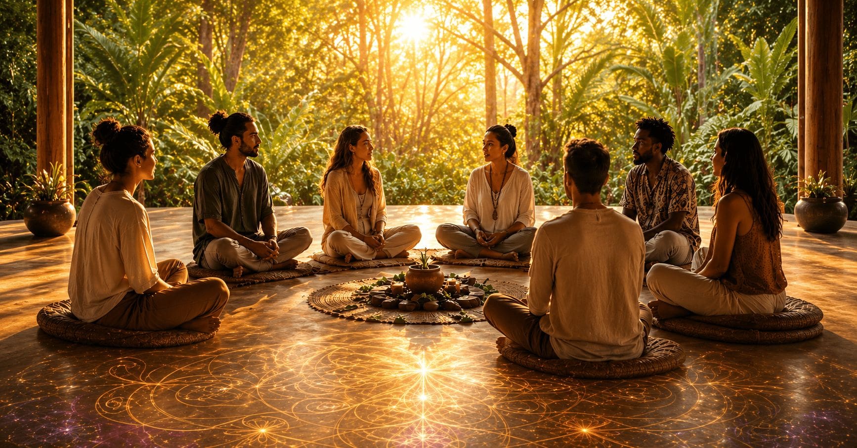 A group of participants in a psychedelic retreat circle, led by an experienced facilitator in a serene nature setting.