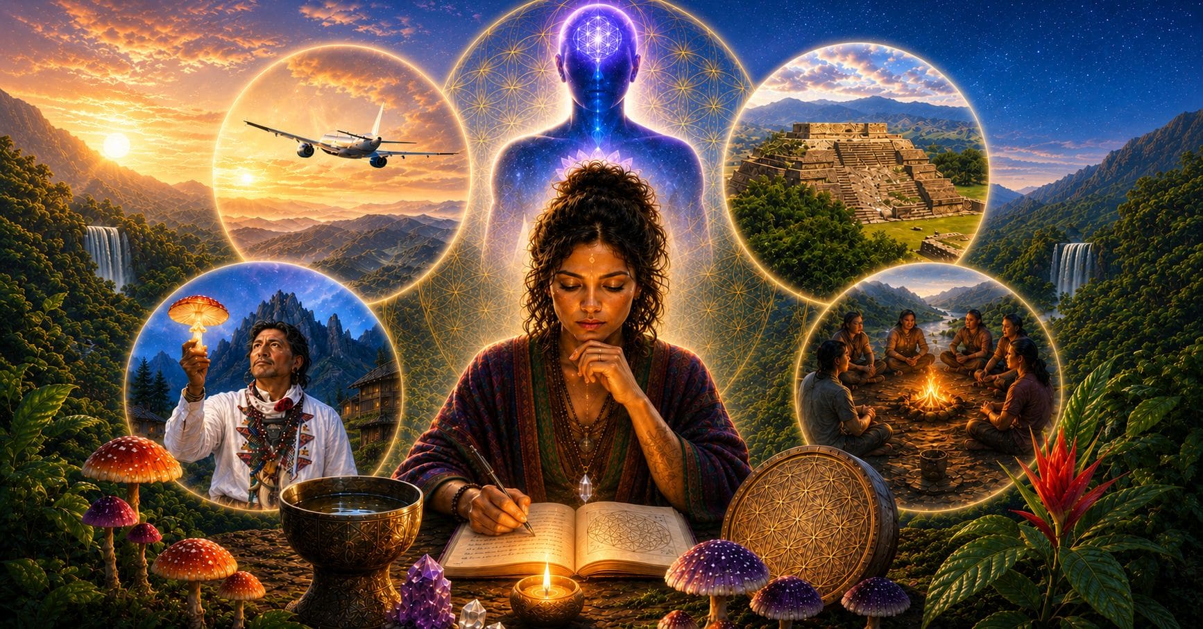 A psychedelic retreat facilitator journals her intentions, surrounded by symbolic visions of travel, sacred sites, shamanic traditions, and group ceremonies.