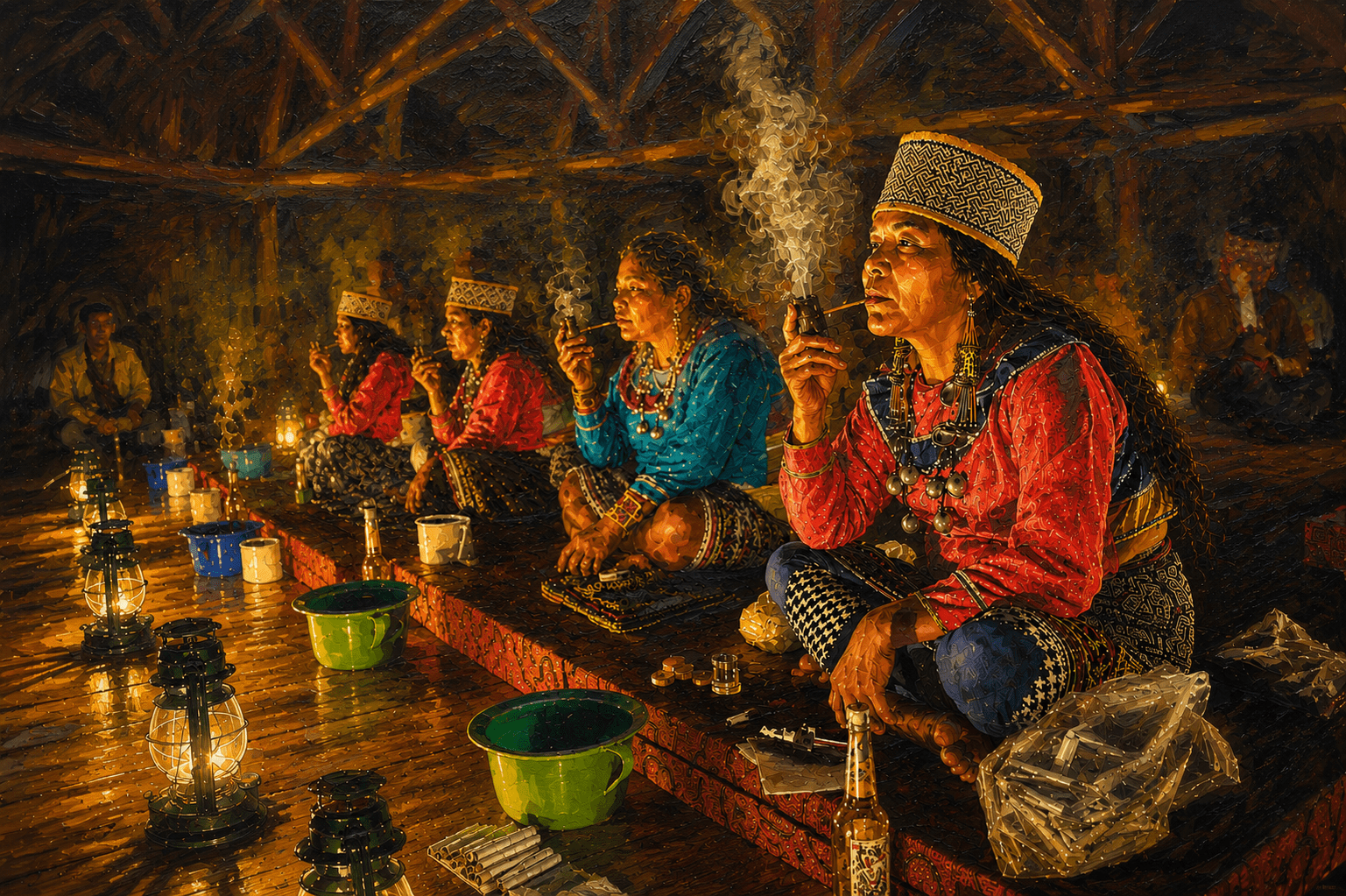 Traditional ayahuasca ceremony led by Indigenous ceremonial leaders, demonstrating the role of an Ayahuasca shaman in guiding participants.