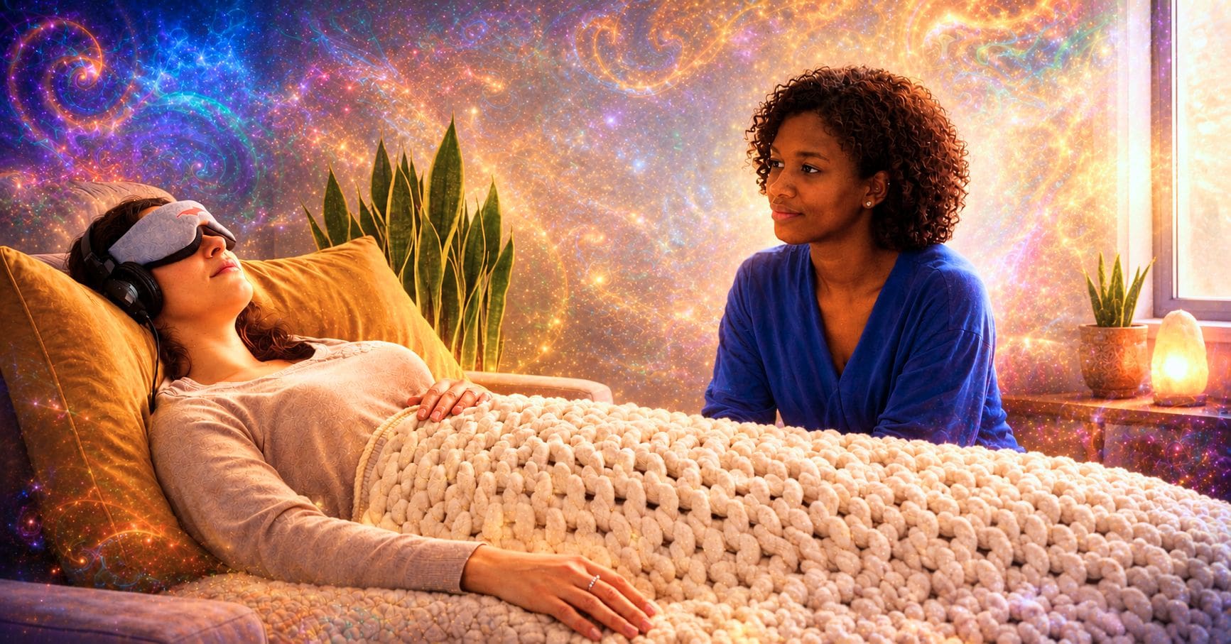 A psychedelic trip sitter offers calm, attentive support while a client rests comfortably during a guided psychedelic experience.
