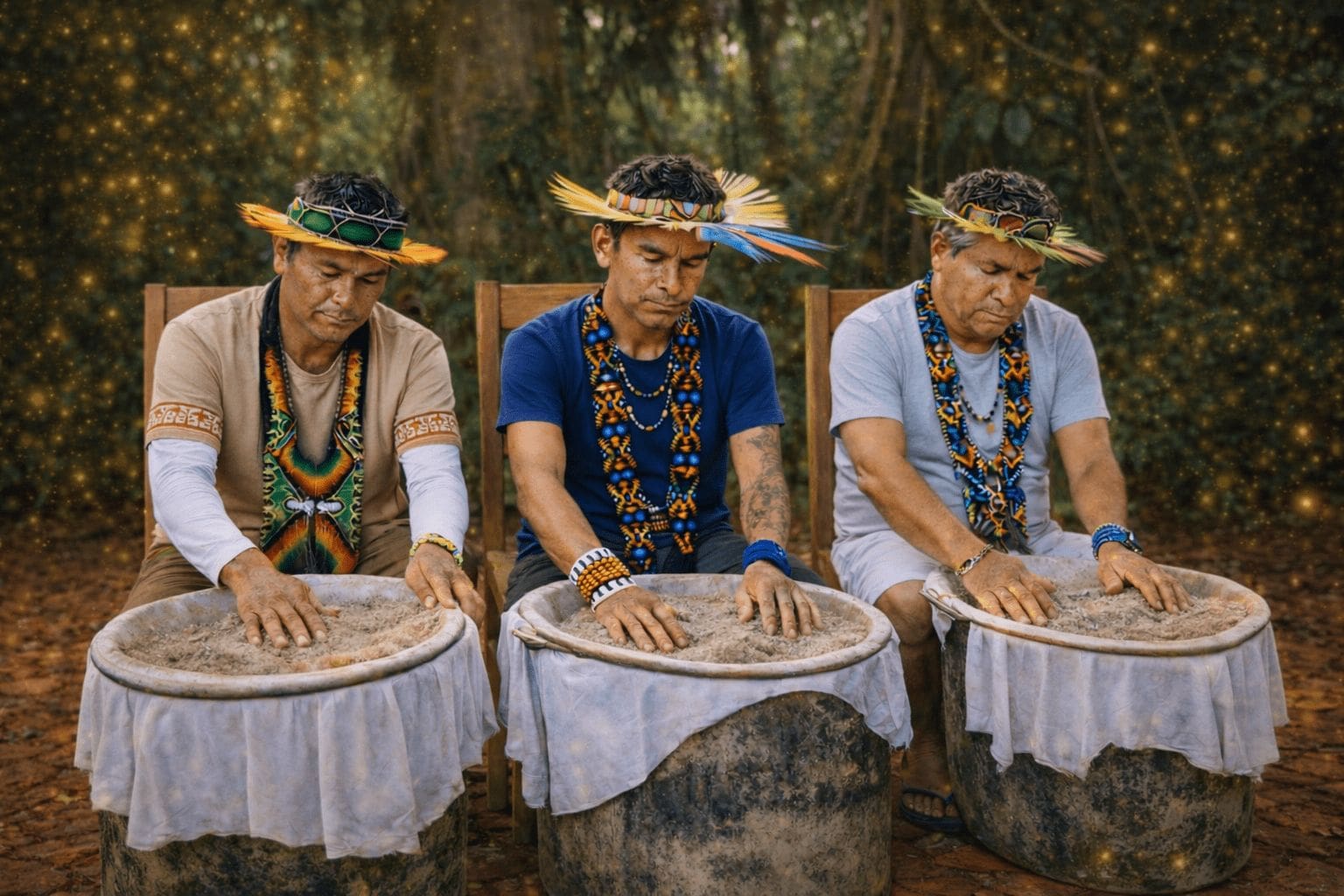 Three Indigenous men crafting traditional Hapé blends by hand using mapacho tobacco and medicinal plant ashes.